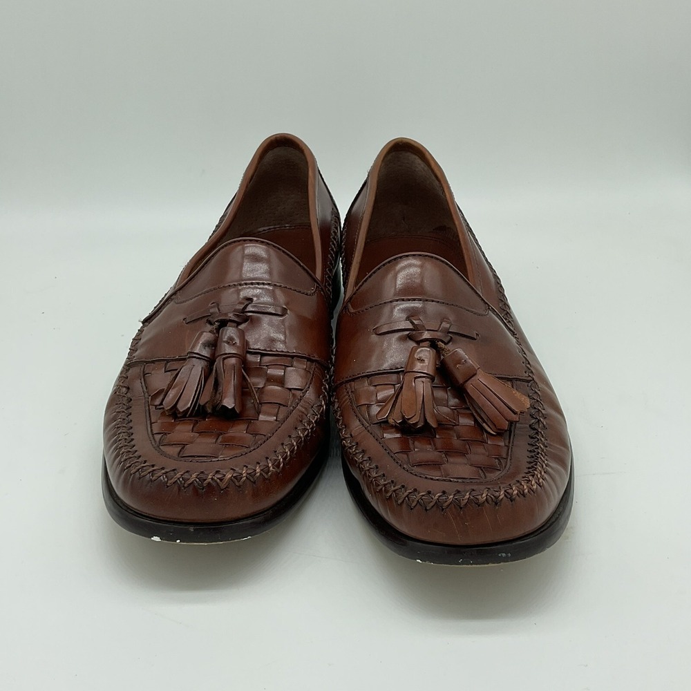 Bass Mens Bellagio Dress Loafers 10M Leather Brown Woven Tassel Slip On Shoes - Picture 2 of 13